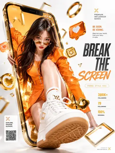 3D luxury commercial ad with woman bursting from smartphone screen