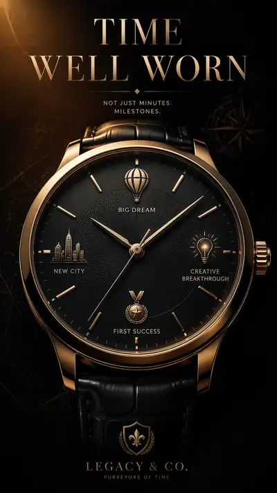 Luxury watch poster with hour markers as life milestones