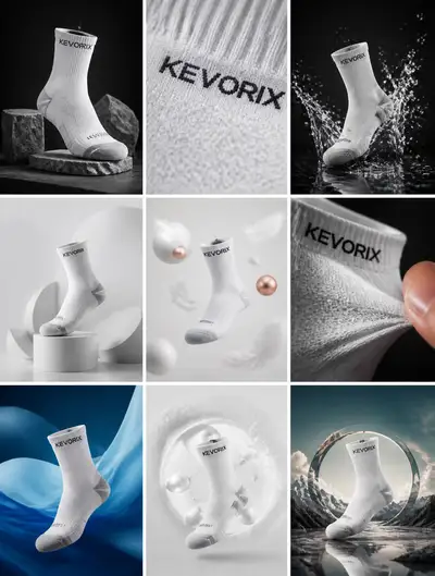 3x3 grid product campaign for Kevorix socks with nine concepts