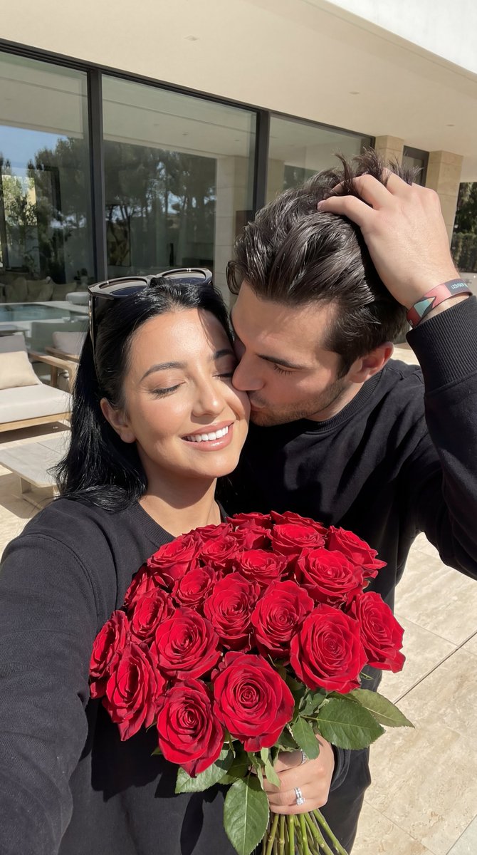 Rose Bouquet Cheek Kiss Couple Portrait JSON