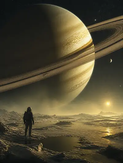 Astrophotography Concept of Saturn Seen From Titan's Surface