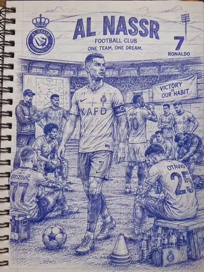 Blue Ballpoint Pen Sketch of Ronaldo and Al Nassr