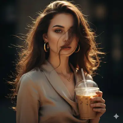 Retrato editorial elegante com café gelado em luz dourada