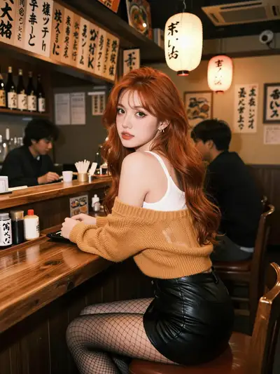 Android woman in cozy izakaya bookstore bar at night