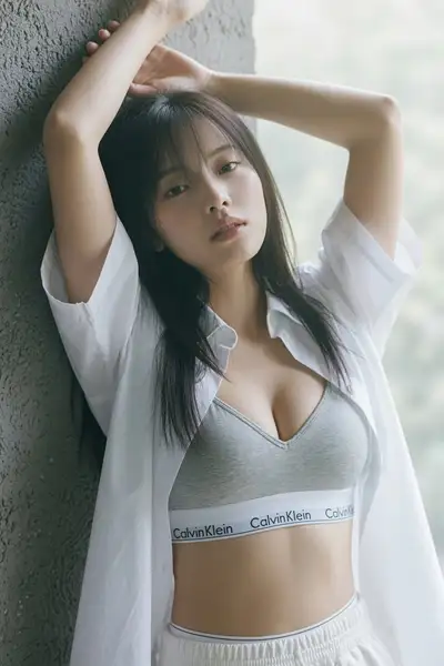 Retrato fotorrealista de una joven mujer de Asia Oriental en un entorno minimalista