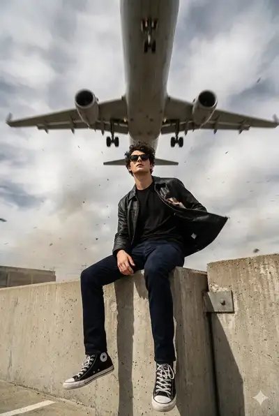 Retrato cinematográfico con un avión volando bajo por encima