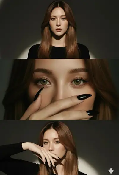 Vertical triptych beauty portrait with intense eye close-up and black nails
