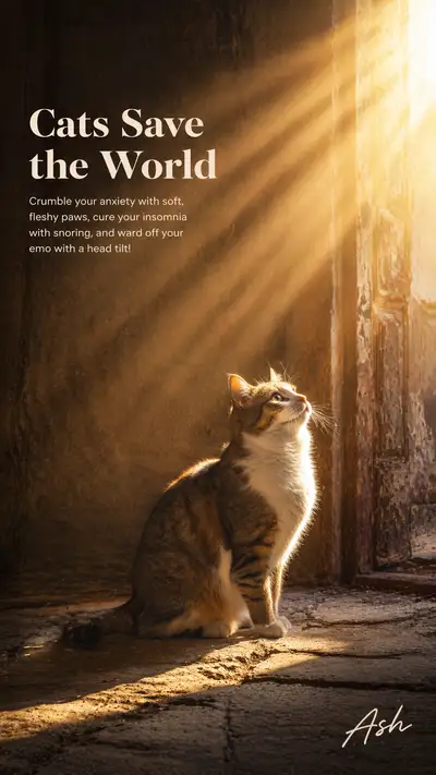 Cat poster with god rays and motivational bilingual typography