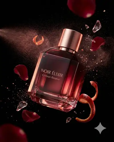Luxury perfume bottle ad with crimson mist and rose petals