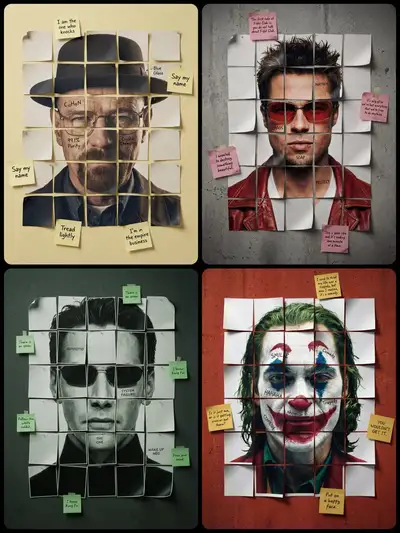 Portrait reconstructed from square paper fragments with handwriting