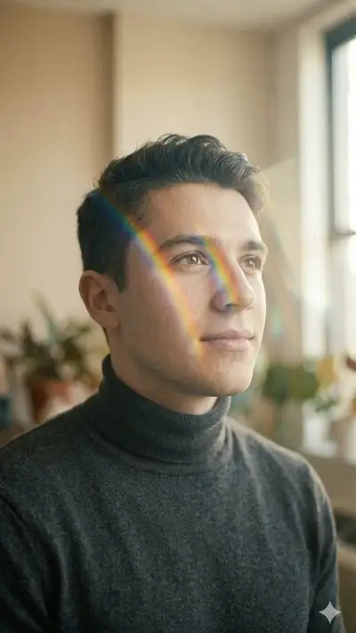 Cinematic Portrait with Rainbow Prism Light Leak
