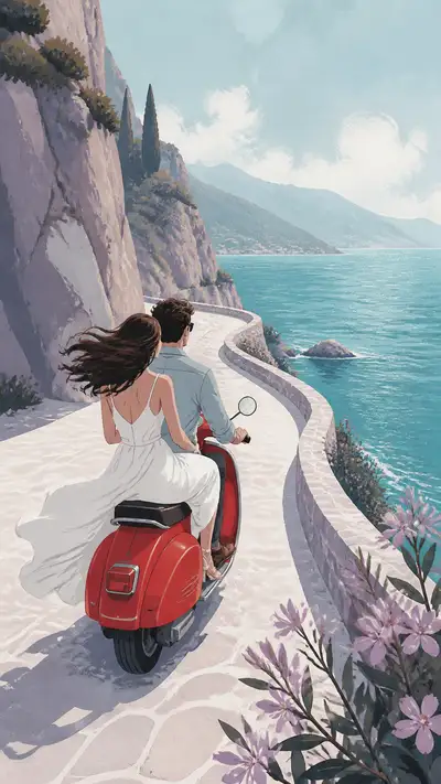Editorial Illustration: Couple on Vintage Scooter by Coast