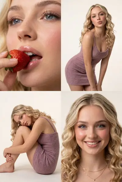 Studio fashion portrait collage with strawberry close-up