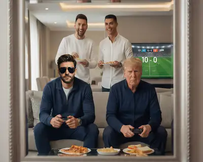 Hyper-realistic living room with men playing football video game