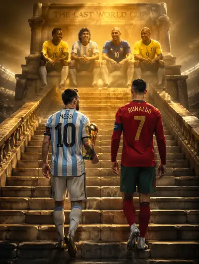 Messi and Ronaldo walking up a golden staircase to legends