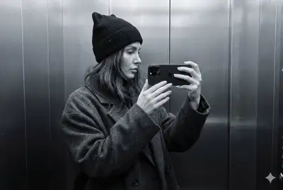 Monochrome elevator mirror selfie with cat-ear hat