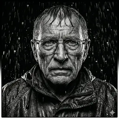 Retrato macro de idoso encharcado pela chuva, estilo de filme monocromático