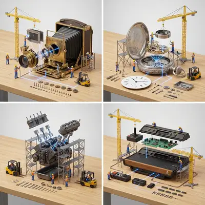 Déconstruction d'un Gadget Vintage avec de Petits Ouvriers du Bâtiment
