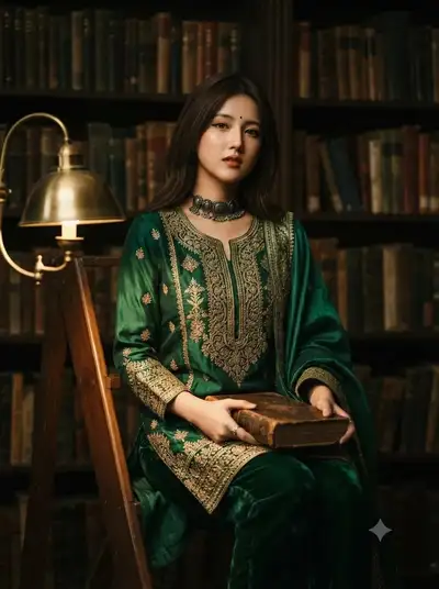 Cinematic Vintage Woman in Emerald Silk Kurti on Library Ladder