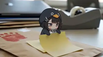 2D-Sticker-Pinguin-Charakter wird in einen Umschlag geklebt