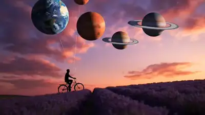 Surreal Sunset Bicycle Ride with Planets