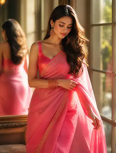 Golden-hour saree portrait, luxury indoor editorial prompt