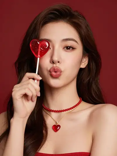 Glamorous studio beauty portrait with a red heart lollipop
