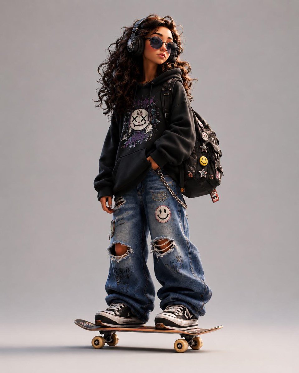 Pixar/Spider-Verse stylized 3D streetwear character on skateboard