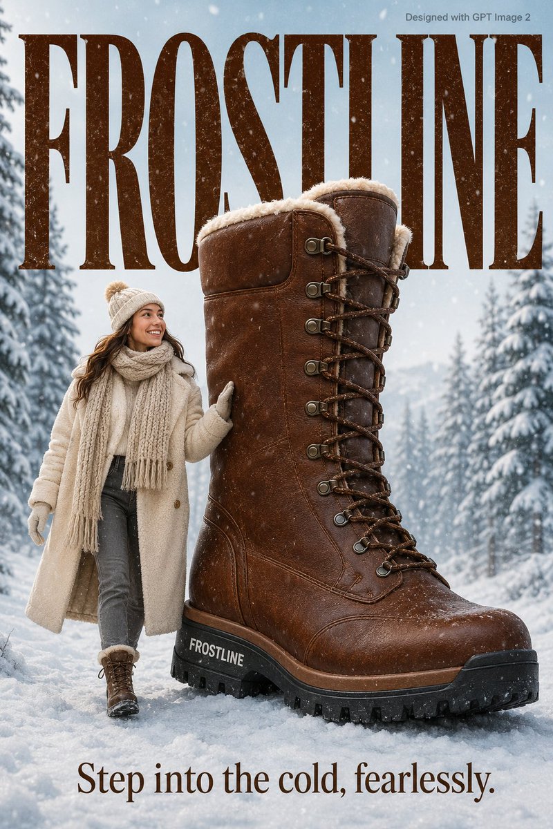 A cozy winter lifestyle advertisement poster. A stylish young woman in a thick