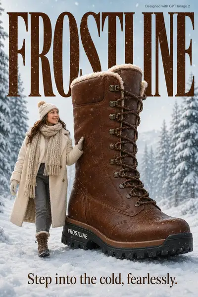 Ein gemütliches Werbeplakat für einen winterlichen Lifestyle. Eine stilvolle junge Frau in einem dicken