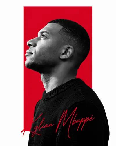 Minimalist red block editorial portrait of Mbappe
