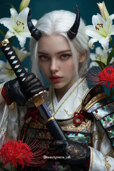 Retrato cinematográfico de guerreira com chifres de oni e katana