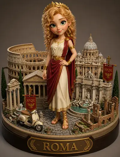 Pixar-style figurine diorama of Rome on a museum pedestal