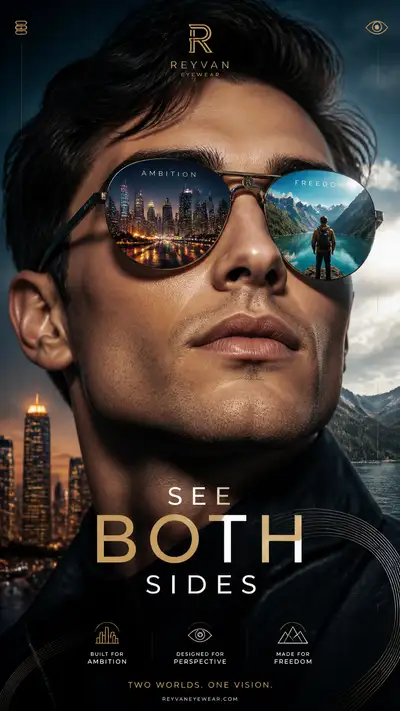 Eyewear advertising poster with lens reflections