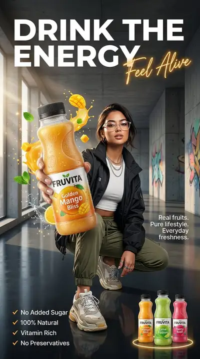 Premium sporty juice bottle advertisement prompt