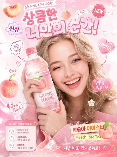 Korean beverage brand poster with cheerful mascot girl