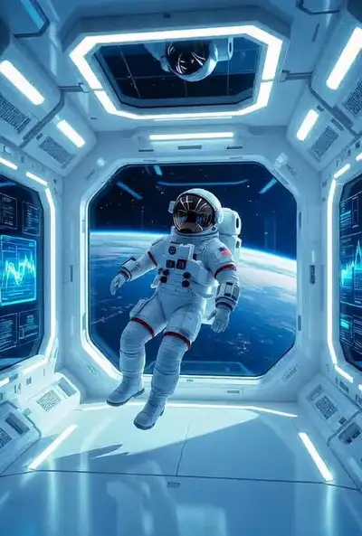 Cinematic Weightless Astronaut in Space Station