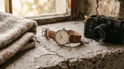 Editorial still life of a minimalist leather wristwatch on concrete