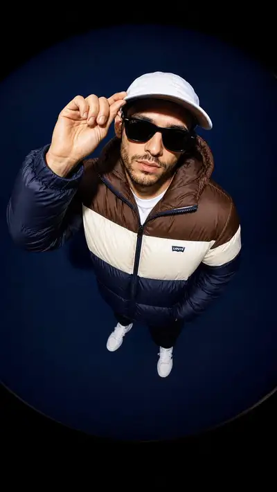 Fisheye streetwear portrait with puffer jacket