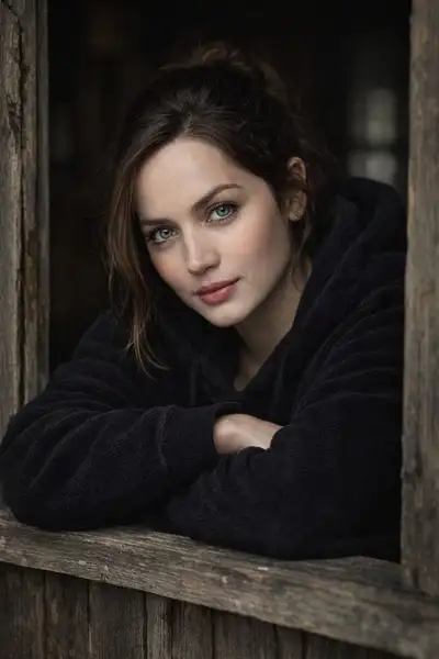 Cinematic Portrait of Woman at Rustic Window