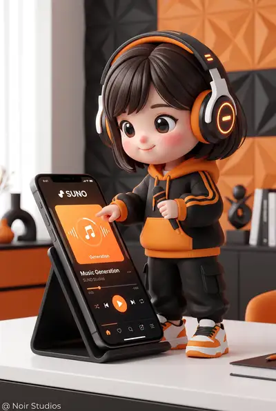 3D chibi character creating music with Suno app