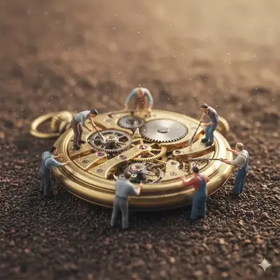 Tiny workers restoring an antique pocket watch macro scene