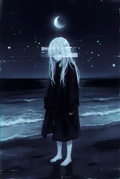 Dark Liminal Anime Beach Scene with Glitch Overlay