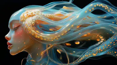 Geração de arte: híbrido mulher-polvo bioluminescente