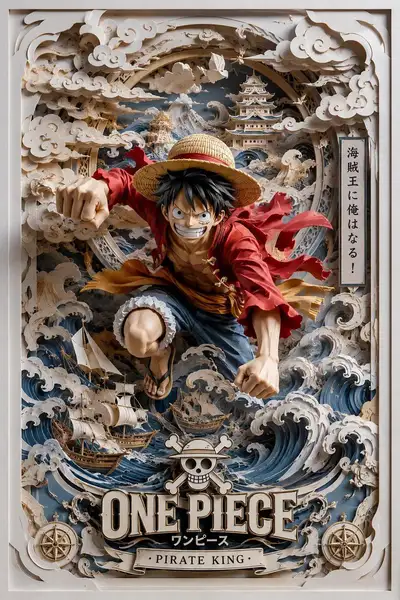 Prompt de pôster shadow box de papercraft pirata estilo One Piece