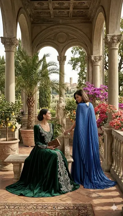 Elegant Women in Italian Villa Fashion Photograph