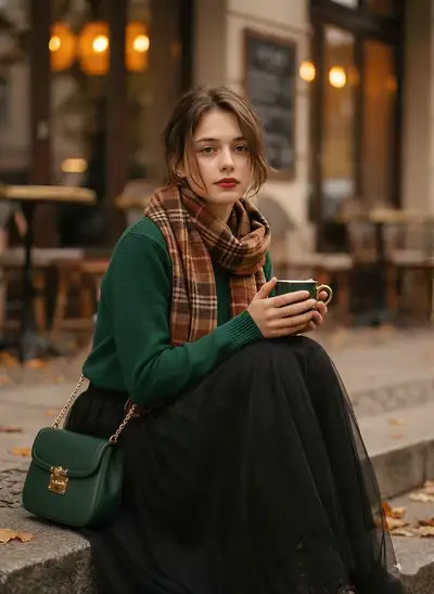 Aesthetic 1970s fashion portrait on outdoor cafe steps