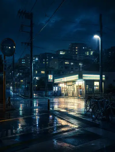 Loja de conveniência solitária aberta 24 horas à meia-noite, cena de realismo anime