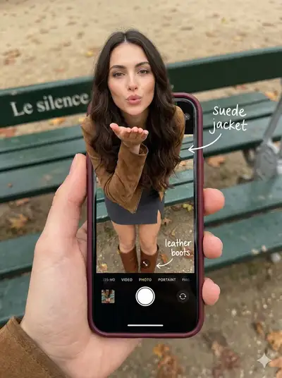 スマートフォンのカメラ画面から出てくる女性、OOTD分解図付き