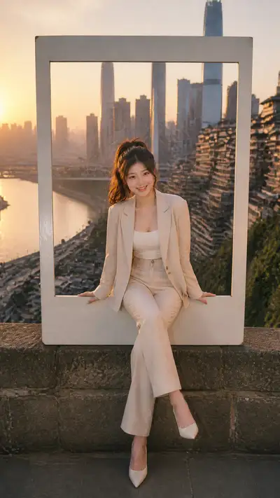 Travel portrait interacting with vintage Polaroid frame Chongqing